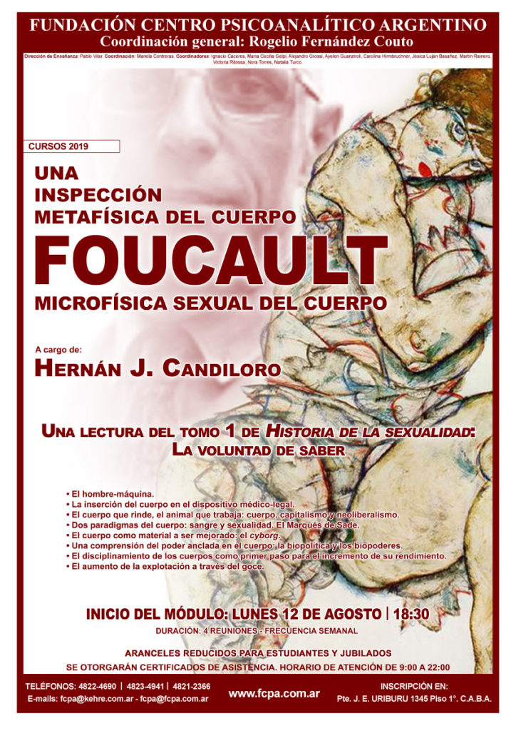 Cartel sobre el próximo curso del espacio "Una inspección metafísica sobre el cuerpo" referido al tomo 1 de la Historia de la sexualidad de Foucault