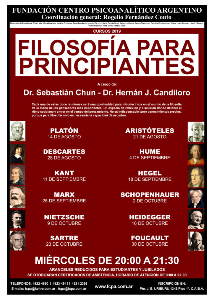 Cartel del curso "Filosofía para principiantes" con la indicación del filósofo que se verá en cada una de las clases